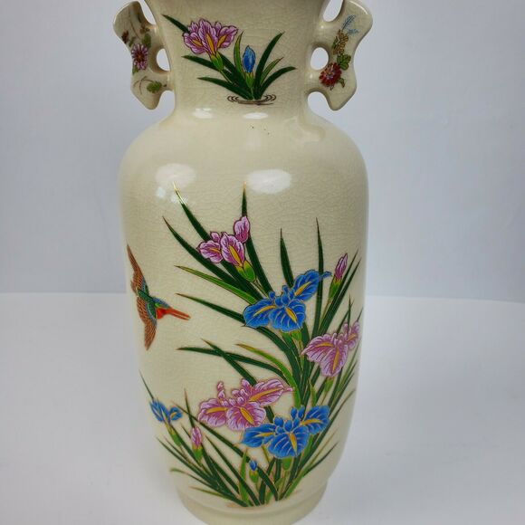 Vintage Japan Porcelain Iris Hummingbird Vase ART w/ Handles Gold Trim 12 Inch - Picture 5 of 8